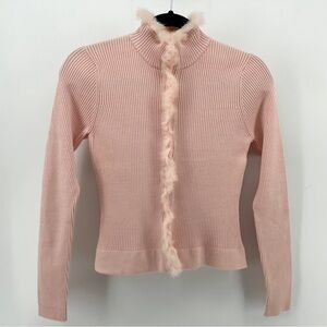 Sarsaparilla Cardigan Sweater Light Pink Ribbed Knit Rabbit Hair Trim L